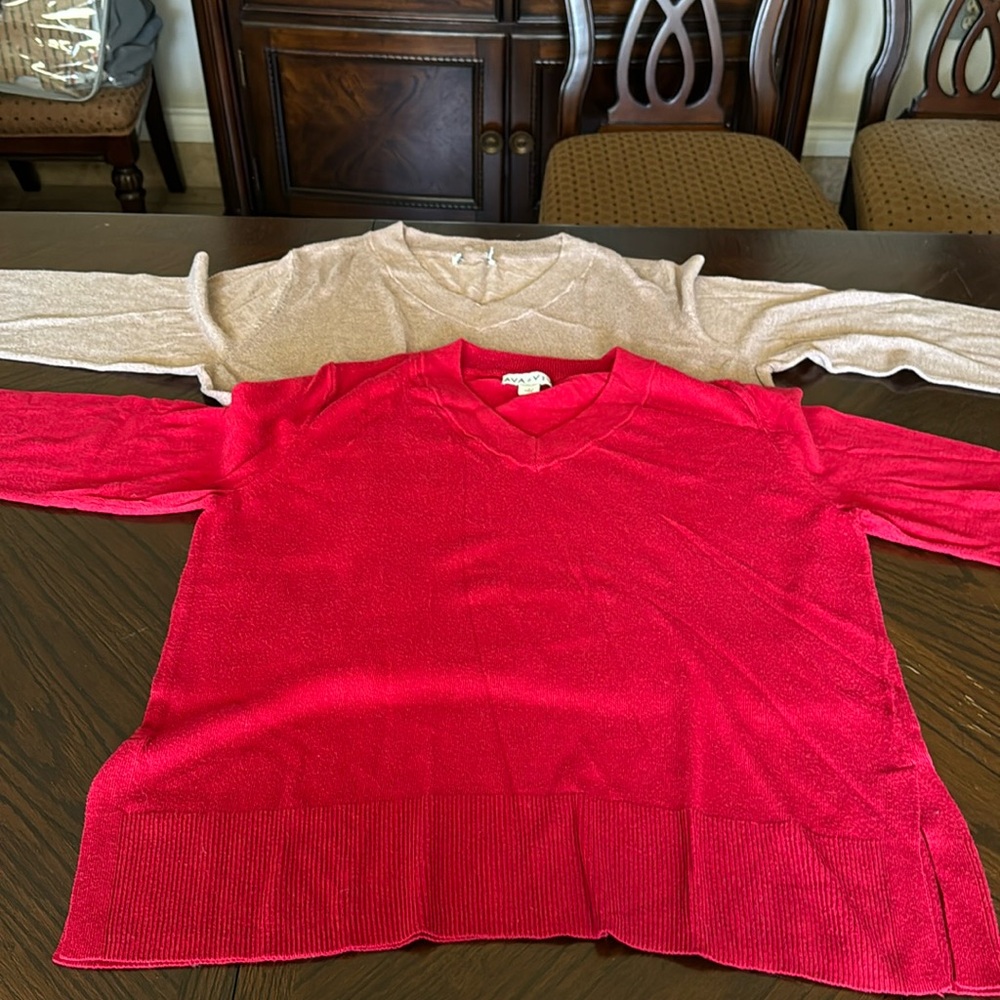 Set of 2 light weight sweaters. Red and taupe color. Both V neck. Both size xl